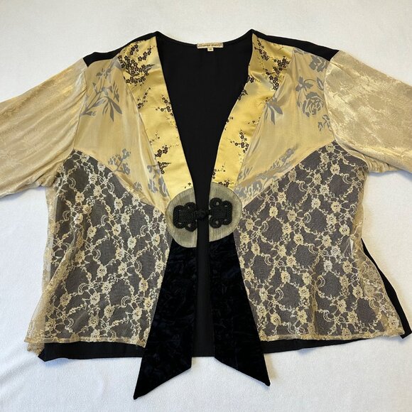 Spencer Alexis Y2K Kimono Top Size 2X Tan Black Floral Lace Velvet Fairy READ - Picture 6 of 16